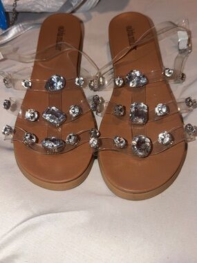 Clear Strappy Sandals with Crystal Accents - Tan
